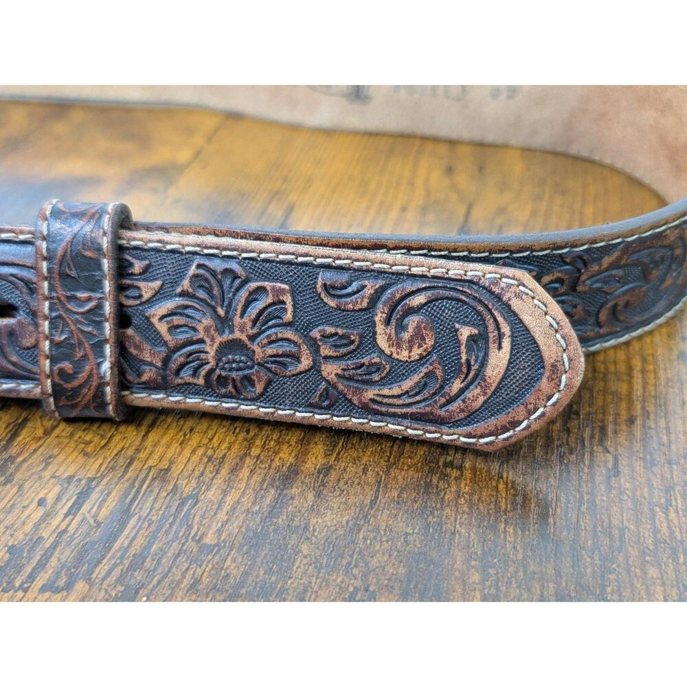Justin Mens Classic Longhorn Tooled Leather Western Belt Brown C11194 Size 44